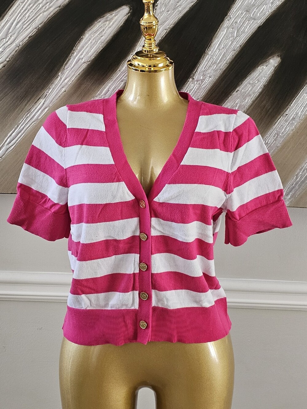 Michael Kors Womens Large Pink White Stripe Short Sleeve Top